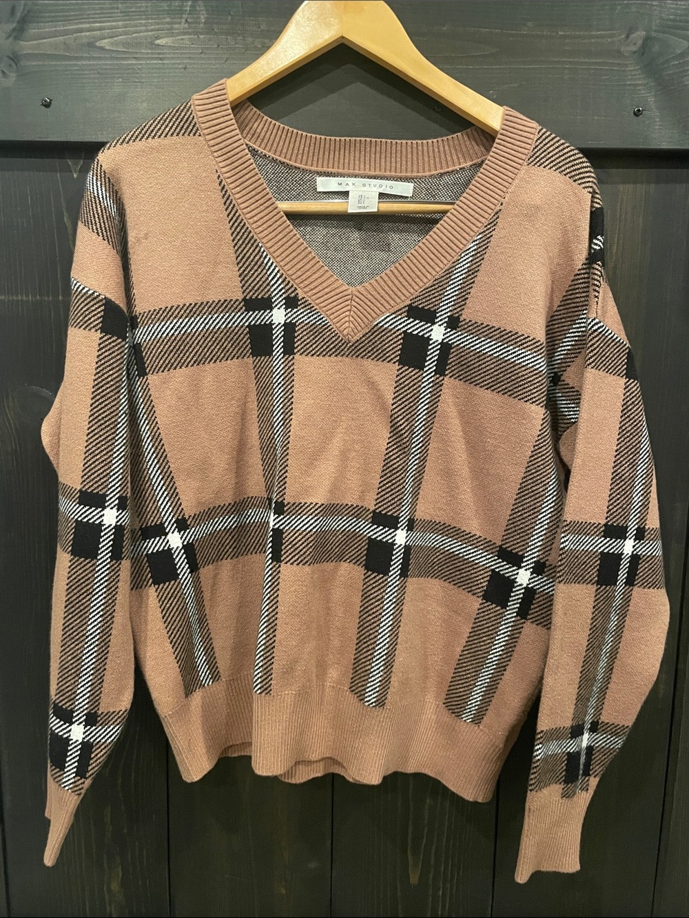 Max Studio Brown Plaid V-Neck Sweater with Black & White Trim